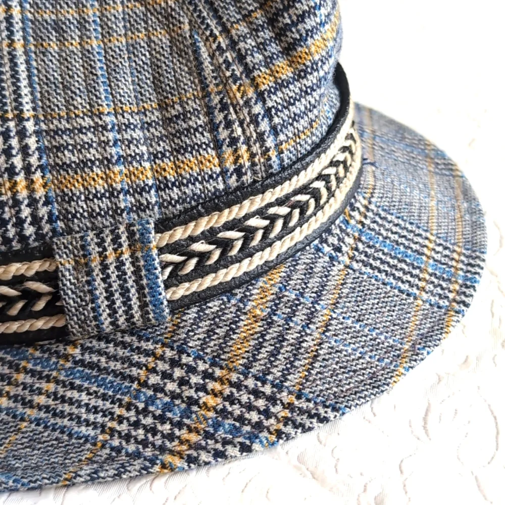 Vintage Irish Crushable by Du Pont Tweed Walking Hat Blue Black Mustard S/M Size